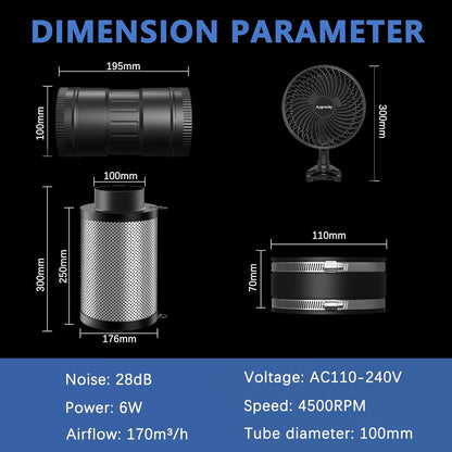 Ventilatieset 100 Mm – Inline Buisventilator – Afzuigventilator – Actiefkoolfilter – Afvoerslang – 170 M³/U – Regelbare Snelheid 0-100%