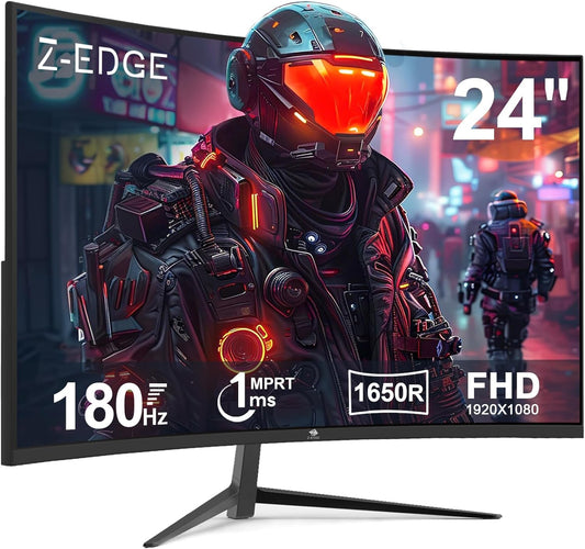 Z-Edge Gaming Monitor Gebogen 24'' 180 Hz/165 Hz/144 Hz, FHD (1920x1080), 1 ms MPRT, FreeSync, gamingmonitor met DP-kabel, 1650R VA, 300cd/m², HDMI 2.1 & DP 1.4, Verstelbare Kanteling, 178° kijkhoek