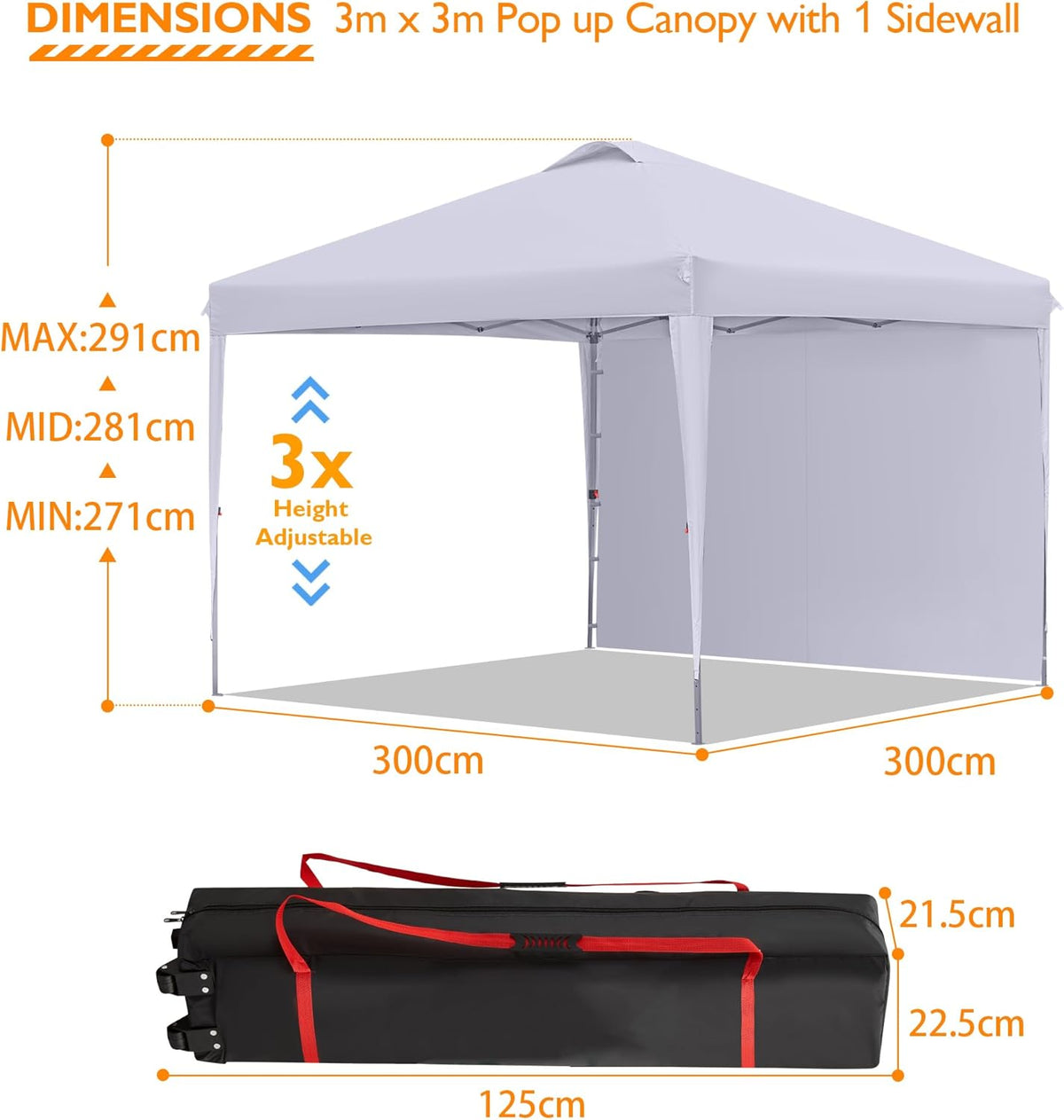 BONTEC 3 x 3 m Paviljoen waterdicht stabiel winterbestendig, waterdichte luifeltent met eenvoudige installatie, in hoogte verstelbaar, draagbaar met draagtas op wielen, perfect voor buitenevenementen