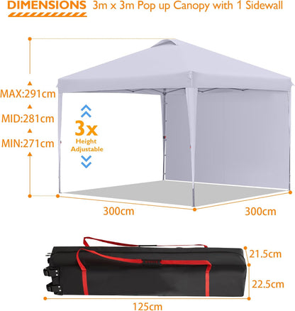 BONTEC 3 x 3 m Paviljoen waterdicht stabiel winterbestendig, waterdichte luifeltent met eenvoudige installatie, in hoogte verstelbaar, draagbaar met draagtas op wielen, perfect voor buitenevenementen