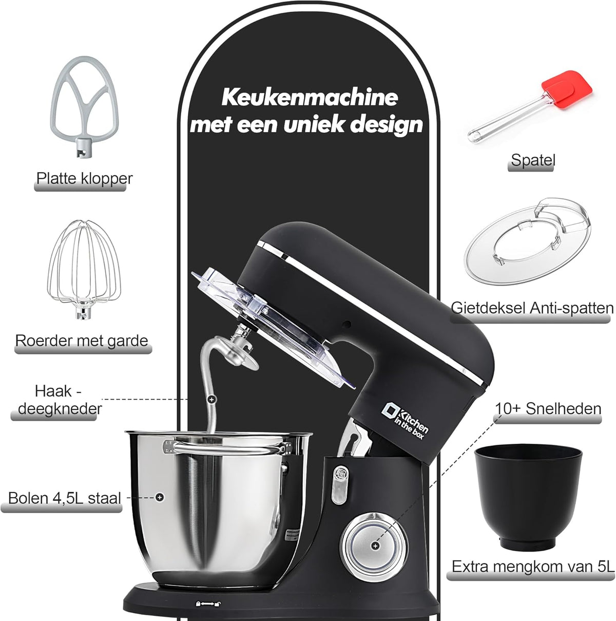 Kitchen in the Box Keukenmachine, 1300W, 10 snelheden, 4.5L + 5L mengkommen, elektrische standmixer met garde, klopper en deeghaak (Zwart, 4.5L)