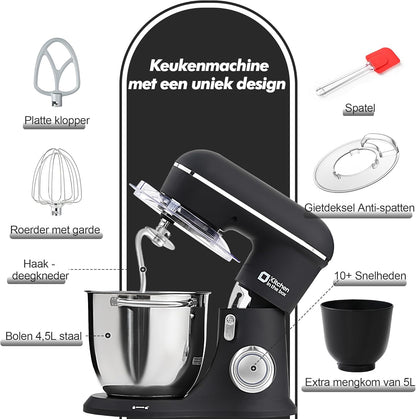 Kitchen in the Box Keukenmachine, 1300W, 10 snelheden, 4.5L + 5L mengkommen, elektrische standmixer met garde, klopper en deeghaak (Zwart, 4.5L)