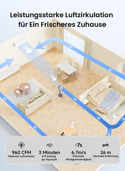 AIRMATE 25 dB staande ventilator, stil, 26 m windafstand, 1600 m³/h luchtvolume, echte turbo-luchtcirculator, in hoogte verstelbaar, ventilator met afstandsbediening, 3 modi/12 standen/12 timers