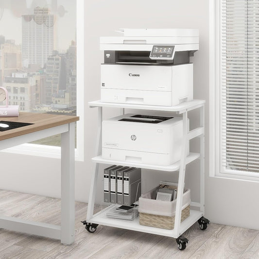 Printertafel – Printerstandaard – Opbergtafel – Printkar – Werkplek Organizer – 3 Niveaus Met Verstelbare Plank – Stevig Stalen Frame Met Wieltjes