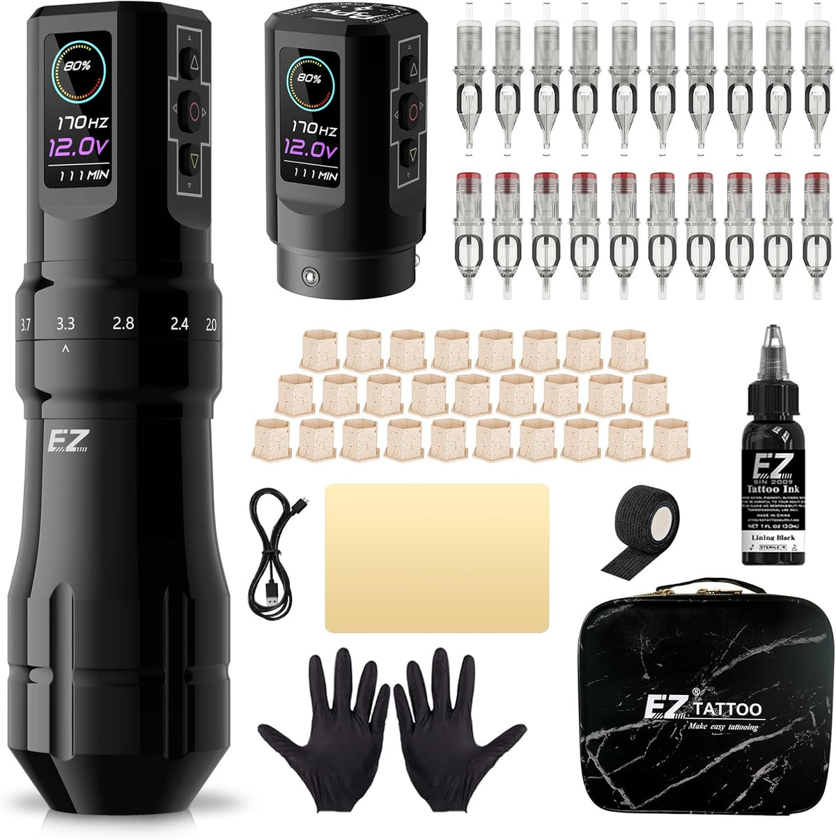 EZ P3 Pro Wireless Tattoo Machine - 6 Strokes 2.0, 2.4, 2.8, 3.3, 3.7, 4.2mm Bluetooth Tattoo Machine with OLED Digital Display 1600mAh Battery Power (Glossy Black)