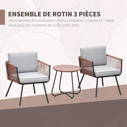 Outsunny Tuinmeubelset van polyrotan, 3-delig, stalen frame, 2 stoelen + 1 salontafel, kussens, incl. teakgrijs, oranje