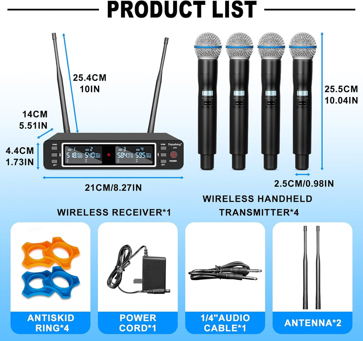 Draadloos Microfoonsysteem 4-Kanaals – Draadloze Microfoonset, Microfoonset, Karaoke Set, Handheld Dynamische Microfoons – UHF Technologie – Bereik Tot 79 Meter