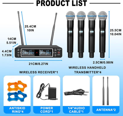 Draadloos Microfoonsysteem 4-Kanaals – Draadloze Microfoonset, Microfoonset, Karaoke Set, Handheld Dynamische Microfoons – UHF Technologie – Bereik Tot 79 Meter