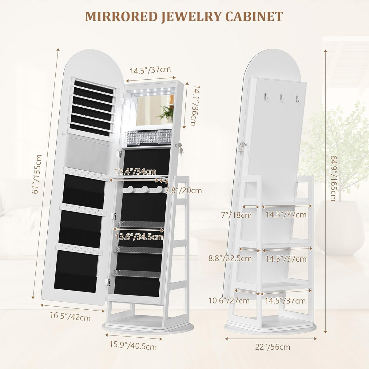Multifunctionele Staande Sieradenkast – Juwelenkast – Opbergkast – Spiegelkast – Armoire – 360° Draaibaar – Verstelbare LED Verlichting – Afsluitbaar Met Sleutels – MDF En Veilig Glas – 165x56 cm – LED-Wit