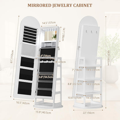 Multifunctionele Staande Sieradenkast – Juwelenkast – Opbergkast – Spiegelkast – Armoire – 360° Draaibaar – Verstelbare LED Verlichting – Afsluitbaar Met Sleutels – MDF En Veilig Glas – 165x56 cm – LED-Wit