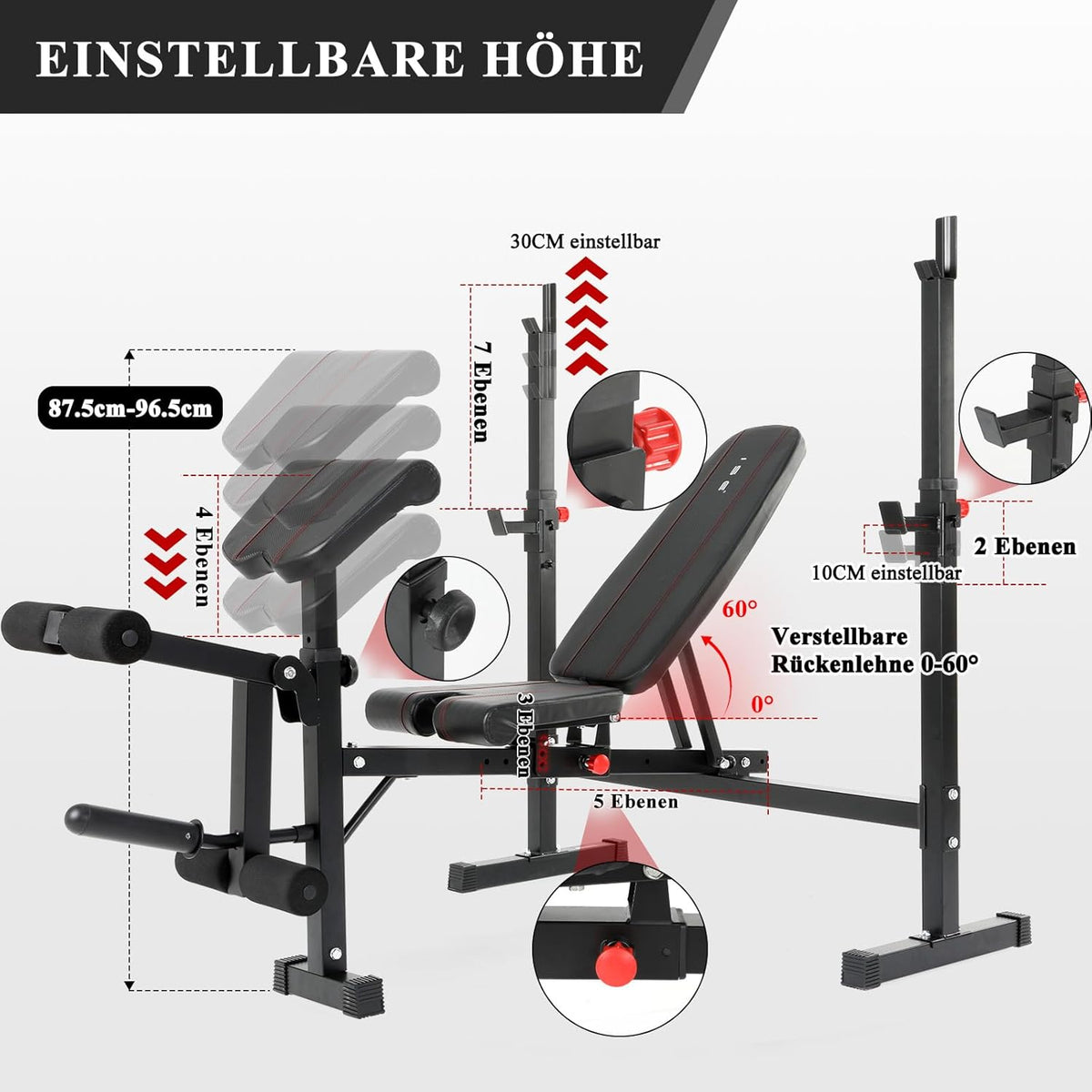 Multifunctionele halterbank, verstelbare trainingsbank met beencurler, 7-traps hoogteverstelling, zwart