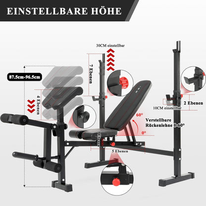 Multifunctionele halterbank, verstelbare trainingsbank met beencurler, 7-traps hoogteverstelling, zwart