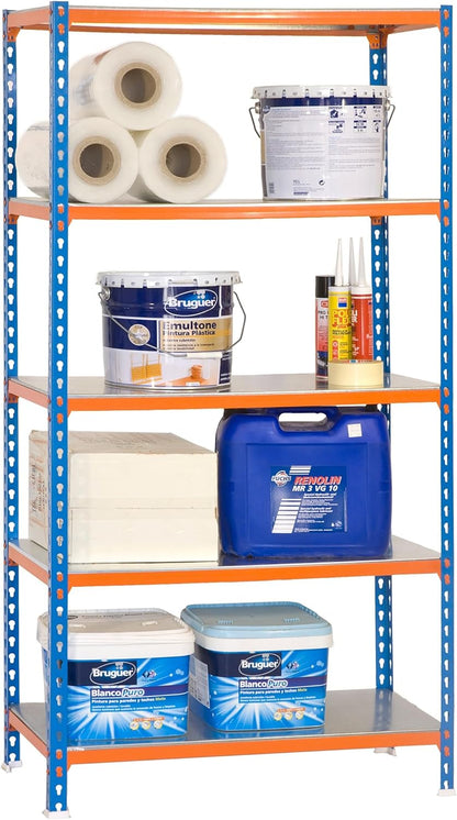 Simon Rack Stellingkast Metaal, 2000x1100x400 mm, Buigpunt 200, 5 Verstelbare Niveaus, Metalen Planken, Robuust Opslagrek voor Garage, Kelder en Werkplaats, Blauw/Oranje/Gegalvaniseerd – SimonClick