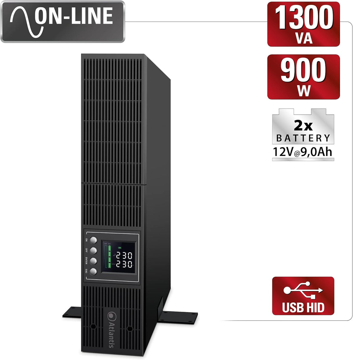Atlantis A03-OP1302-RC UPS OnLine Online Online Onbreekbare zuivere sinusgolf 1300 VA 900 W, RACK-server, LCD-display, USB, serieel RS-232, 8 IEC-uitgangen, SNMP-sleuf, 2 x 12 V-9 Ah
