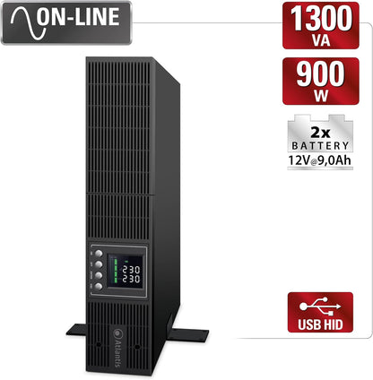 Atlantis A03-OP1302-RC UPS OnLine Online Online Onbreekbare zuivere sinusgolf 1300 VA 900 W, RACK-server, LCD-display, USB, serieel RS-232, 8 IEC-uitgangen, SNMP-sleuf, 2 x 12 V-9 Ah