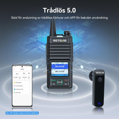 Retevis RB658 Walkie Talkies voor Volwassenen, 2-weg radio met Draadloze Oortelefoon, 6-Weg Oplader, APP-Verbinding, 1800Ah-accu, 1,77 inch Scherm, voor School, Beveiliging (6 Stuks, Zwart)