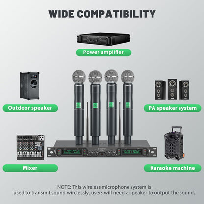 Phenyx Pro Draadloos microfoonsysteem, 4-kanaals UHF draadloze microfoonset met vier handmicrofoons, volledig metalen constructie, vaste frequentie, gebeurtenissen (PTU-5000A)
