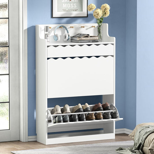 Schoenenkast wit met 2 kleppen en 1 lade, hoge houten schoenenkast met open vak, 5 haken, schoenenrek, schoenenrek voor de ingang, hal, woonkamer