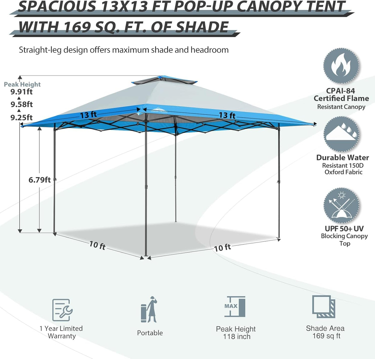 EAGLE PEAK 13x13 Rechte been pop-up luifel tent instant outdoor luifel eenvoudige enkele persoon set-up opvouwbare schuilplaats w/automatische uitschuifbare dakrand 169 vierkante voet schaduw