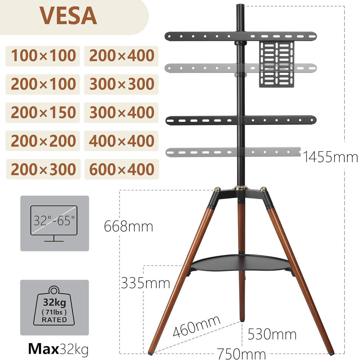 ETHU TV-statiefhouder met design-ezel, voor 81-165 cm (32-65 inch) televisie, in hoogte verstelbaar, met 140 graden rotatie voor slaapkamer, woonkamer