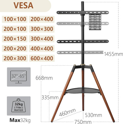 ETHU TV-statiefhouder met design-ezel, voor 81-165 cm (32-65 inch) televisie, in hoogte verstelbaar, met 140 graden rotatie voor slaapkamer, woonkamer