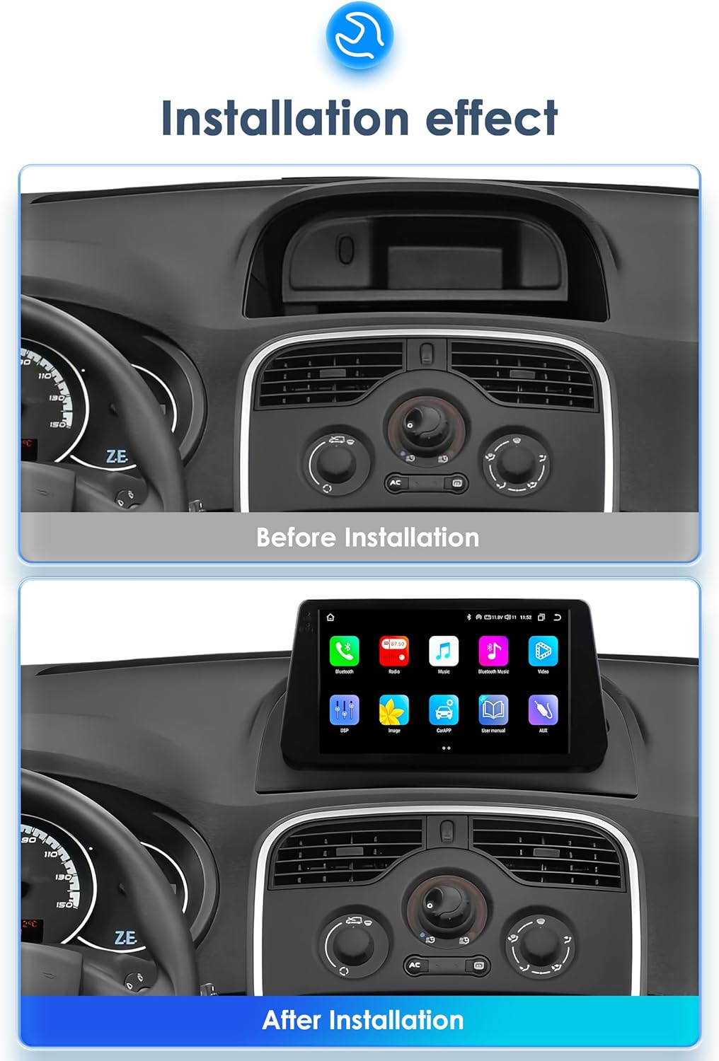 Ossuret Autoradio voor Renault Kangoo (2009-2018), 9 Inch Android 13 Aanraakscherm 2+32GB GPS Navigatie met Carplay Android Auto WiFi Bluetooth Stuurwielbediening DSP USB