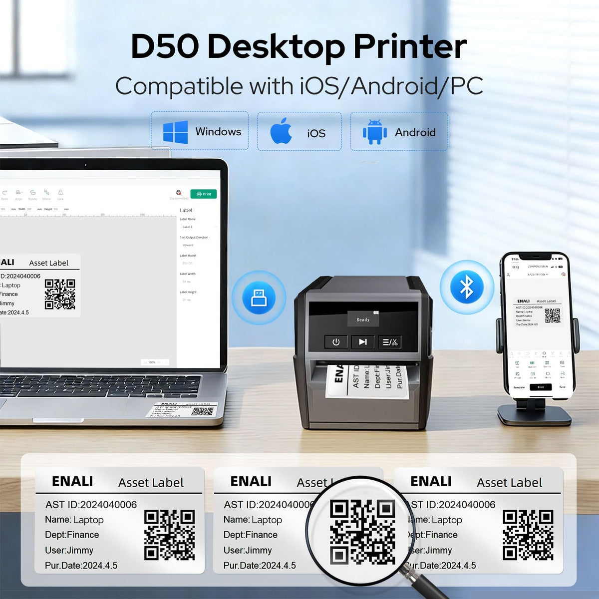 Makeid D50 labelprinter, 5,08 cm printkop, compatibel met app en pc, automatische cutter, 2600 mAh batterij, 5 cm x 8 m etiketten, robuuste professionele printer voor werkplek