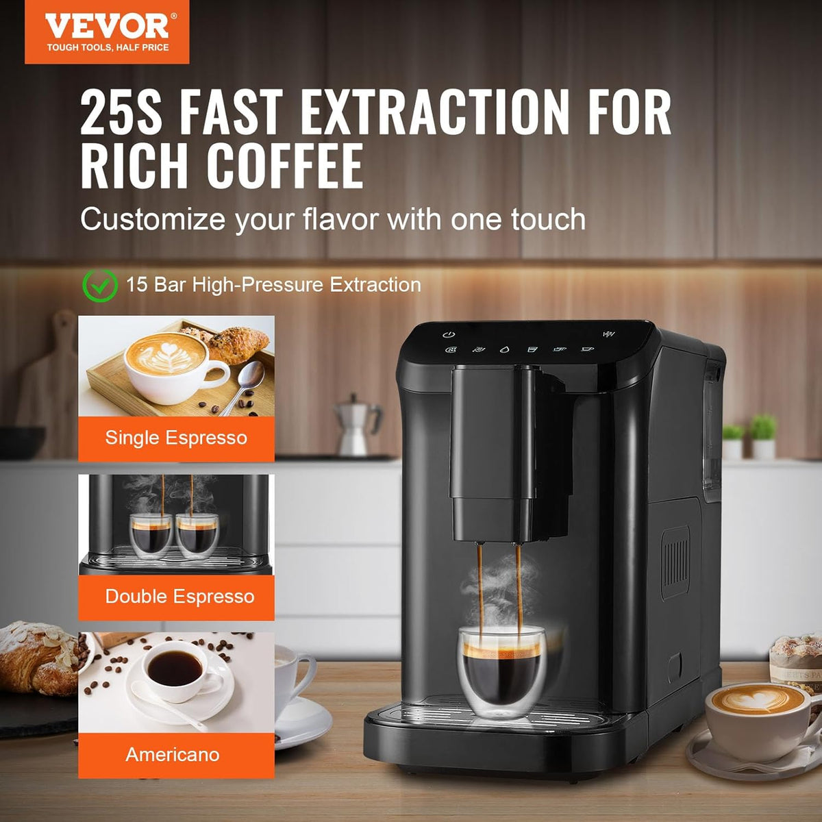 VEVOR Automatische espressomachine, professionele espressomachine 15 bar met geïntegreerde molen, 15 maalstanden, met 1,5 l waterreservoir en 180 g bonentrechter, voor kantoor