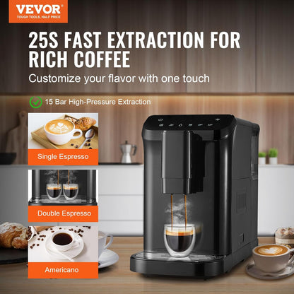 VEVOR Automatische espressomachine, professionele espressomachine 15 bar met geïntegreerde molen, 15 maalstanden, met 1,5 l waterreservoir en 180 g bonentrechter, voor kantoor
