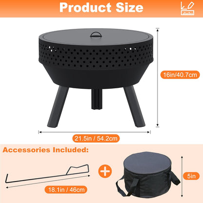 54.6 cm Vuurschaal met Grillrooster, Multifunctioneel Vuurplaats Voor Buiten met Waterdichte Tas en Pook, Vuurschaal voor Buiten, Kampvuur en Kamperen, BBQ Vuurkorf