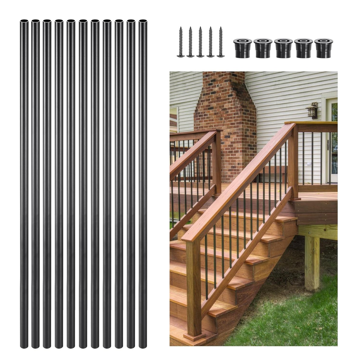 VEVOR Baluster Set of 101, φ19 x 813 mm Aluminium Stair Baluster, Round Rod, Decorative Rod, Hollow Ceiling Rail with Handrails and Screws for Stairs, Porch, Patio, Fence, Black