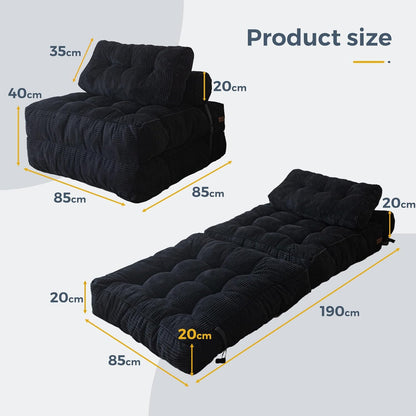 MAXYOYO Opvouwbare slaapbank, converteerbare slaapstoel met kussen, matras met rugsteun, draagbaar stoelbed, comfortabele lounge voor woonkamer, slaapkamer, zwart