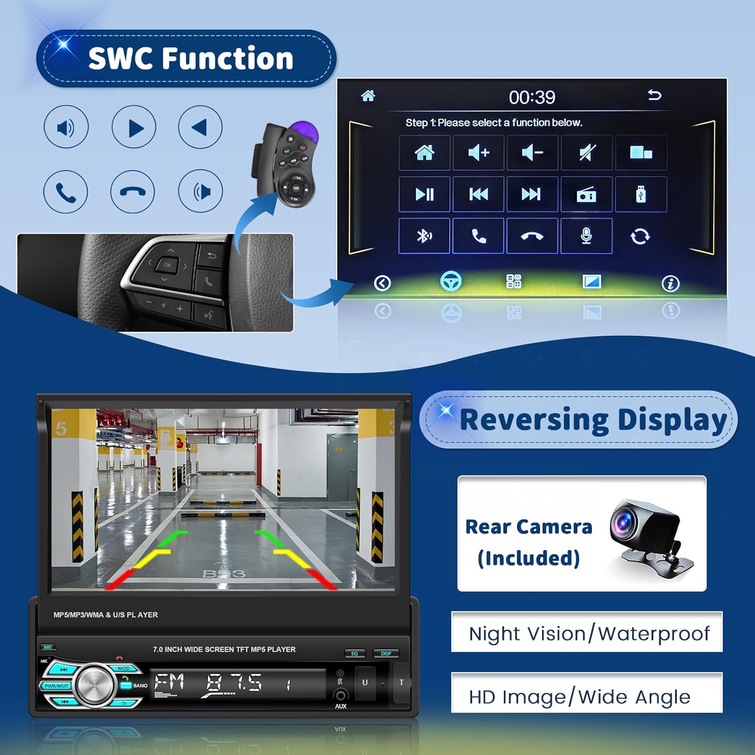 1 DIN Autoradio – Auto Stereo – Multimedia Radio – Touchscreen Radio – Bluetooth Radio – Uitbreidbaar 7 Inch Scherm – Apple CarPlay & Android Auto – Achteruitrijcamera Ondersteuning - QUORE