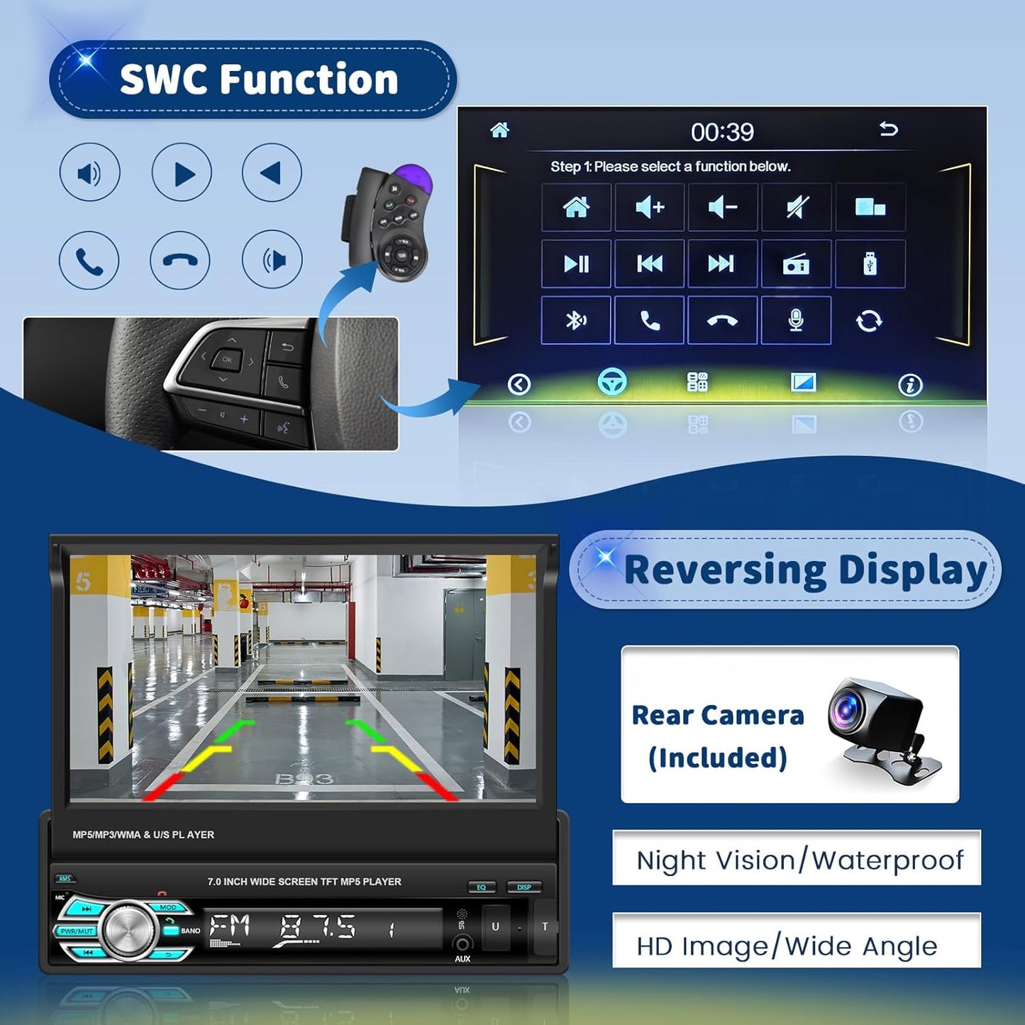 Hikity 1 DIN autoradio Bluetooth met CarPlay en Android-auto, 7 Inch Handmatig Uitschuifbaar Display, Touchscreen Autoradio met achteruitrijcamera, BT, FM, USB, TFM, AUX, Mirror Link