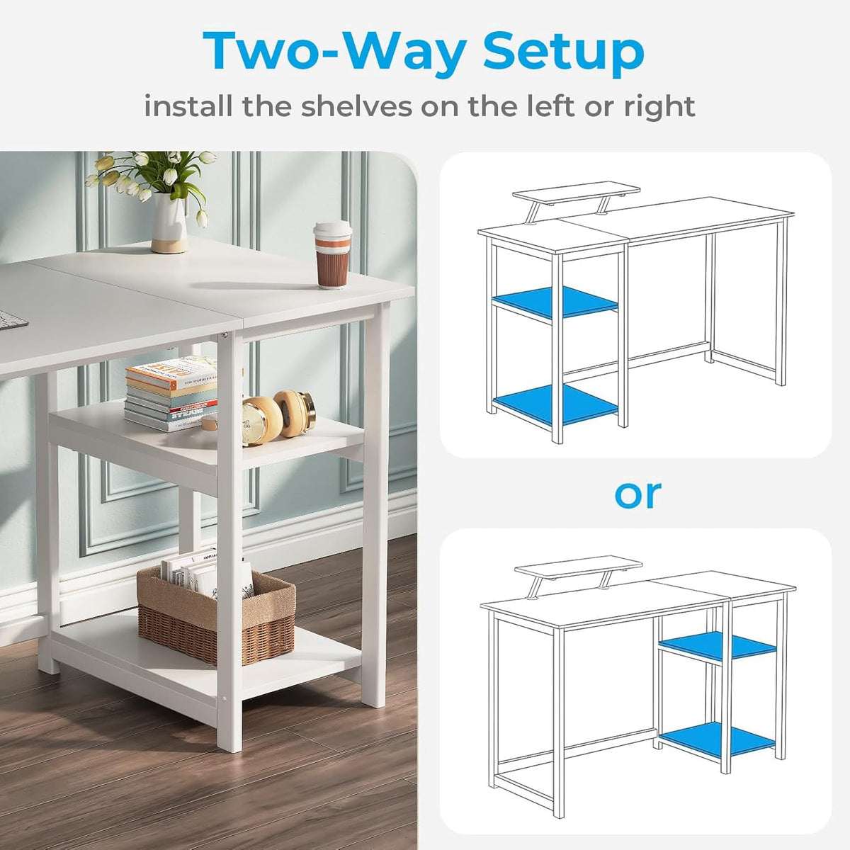 GreenForest Computer Bureau met Monitor Stand, 140cm Home Office met omkeerbare opbergplanken Laptop Gaming Desk voor kleine kantoren en werkplekken,Zuiver Wit