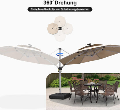 PURPLE LEAF Parasol met led-zonverlichting, zweefparasol, Ø 330 cm, marktscherm, groot, 360 graden rotatie, tuinscherm met zwengel, balkonscherm XXL, zonwering UV50+, beige