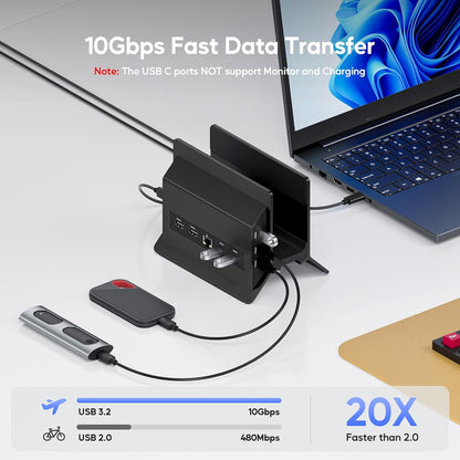USB-C Docking Station Voor Dubbele Monitoren – Dockingstation – Laptop Dockingstation – USB-C Hub – Verticale Laptopstandaard Zwart – 2X HDMI 4K 60 Hz – 11-In-1 Met Ethernet En 100W PD