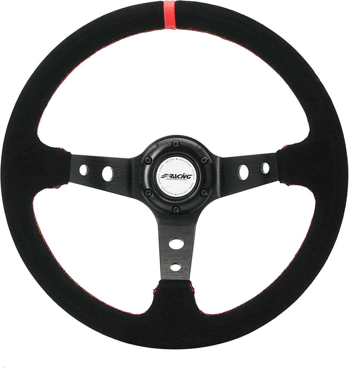 Universeel Sportstuur – Sportief Stuurwiel – Racen Stuur – Auto Stuur – Zwart Suède Stuur – 350mm Diameter – Rode Stiksels
