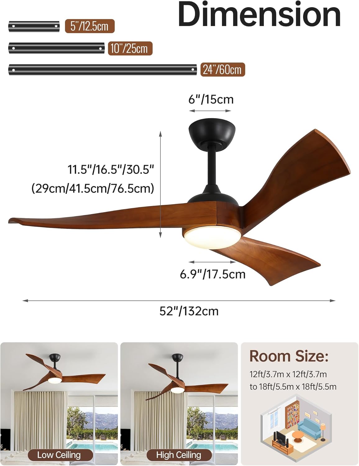 Plafondventilator met verlichting en afstandsbediening, 3 houten vleugels, 132 cm, timer, 3 kleurtemperaturen, 6 snelheden, zomer, winter, DC, stille plafondventilator met licht voor woonkamer