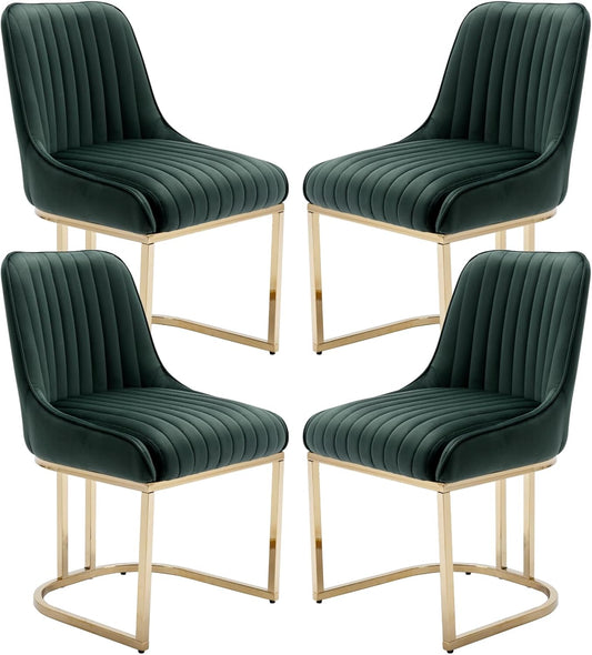Fluwelen Stoelen – Eetkamerstoelen – Bureaustoelen – Woonkamerstoelen – Zonder Armleuning – Set Van 4 Groen – Met Stevig Metalen Frame – Comfortabele 12 Cm Dikke Zitting - QUORE