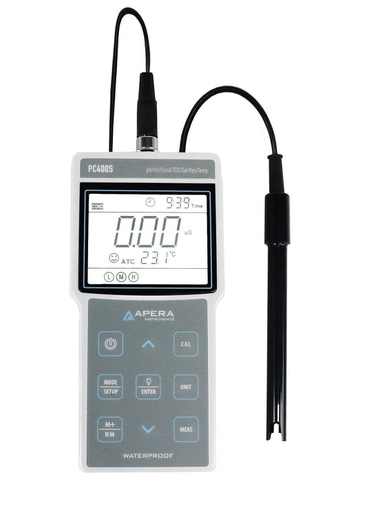 Apera Instruments PC400S draagbare pH/geleiding multi-parameter-meetinstrument, met GLP-gegevensbeheer en USB-output