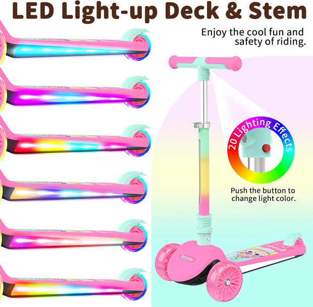 BELEEV A10 Scooter voor kinderen van 3 tot 12 jaar, met ledverlichting, step, dek, inklapbaar, 3 wielen, voor meisjes en jongens, 4 in hoogte verstelbaar, antislip brug, maximale belasting 50 kg