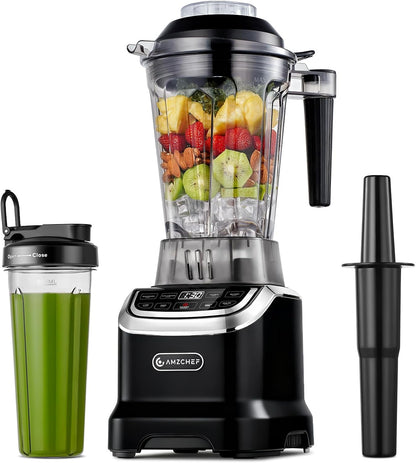 AMZCHEF 2-in-1 blender met twee mengcontainers, blender, krachtige mixer 1800 watt, 1,85 liter en 600 ml, smoothiemaker met 6 messen, draagbare bullet mixer van 600 ml met deksel