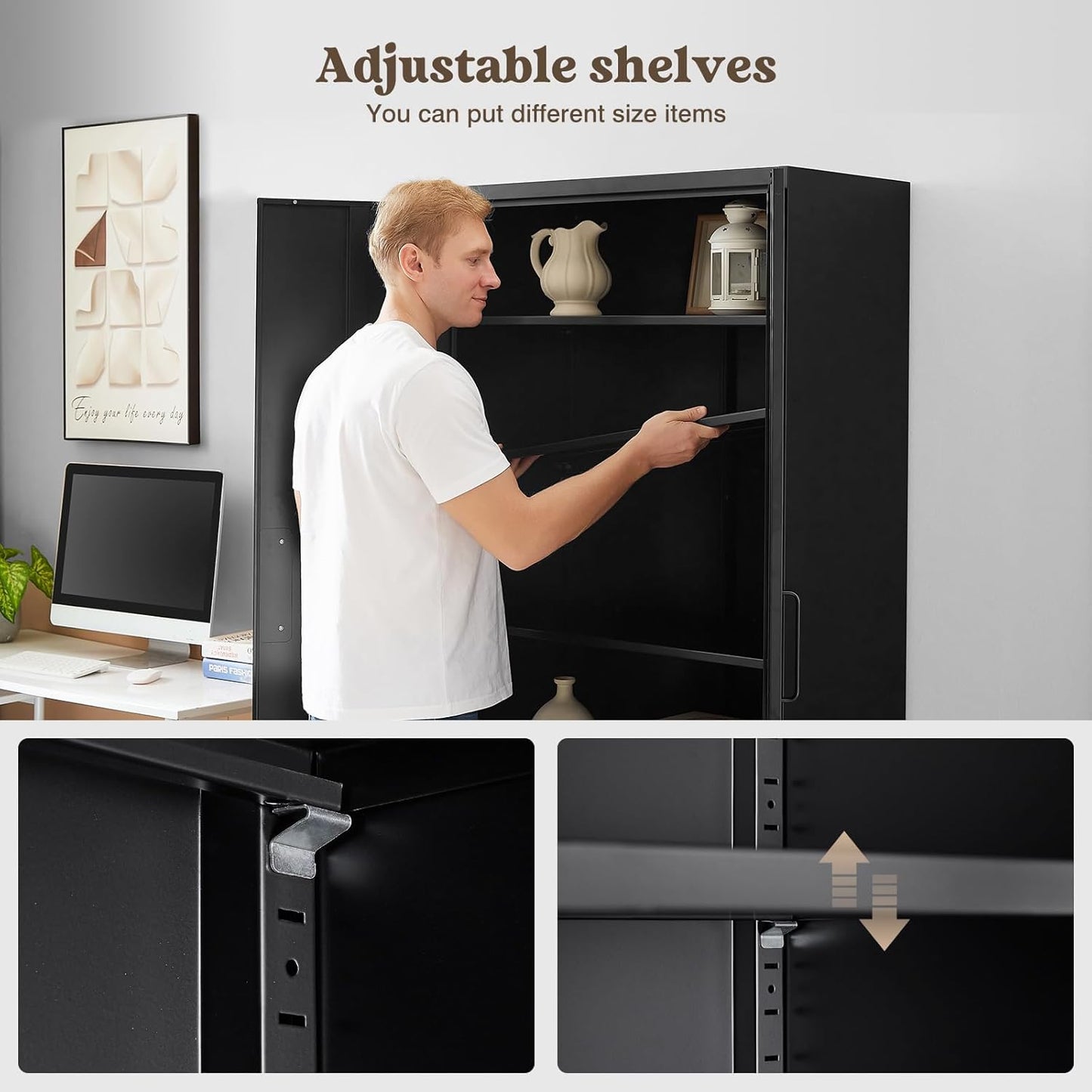 Steel Storage Cabinet, Steel Filing Cabinet with Lock, 4 Adjustable Shelves, Double Doors, Multifunctional Tool Cabinet for Study Room, Garage, Black