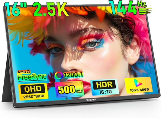 Kinhank Portable Monitor 16" 2.5K HDR, 144Hz 500Nits FreeSync 100% sRGB IPS Eye Care Portable Screen HDMI Type-C Portable Monitor for Laptop/PC/Mac/PS4/5/Xbox/Phone, VESA Compatible - QUORE