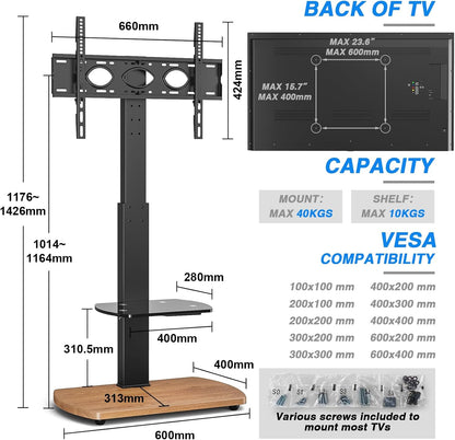 TTAP TV-standaard voor 32-65 inch tv's met eiken voet en enkel glazen plank/met draaibare en in hoogte verstelbare montagebeugel (OAK)
