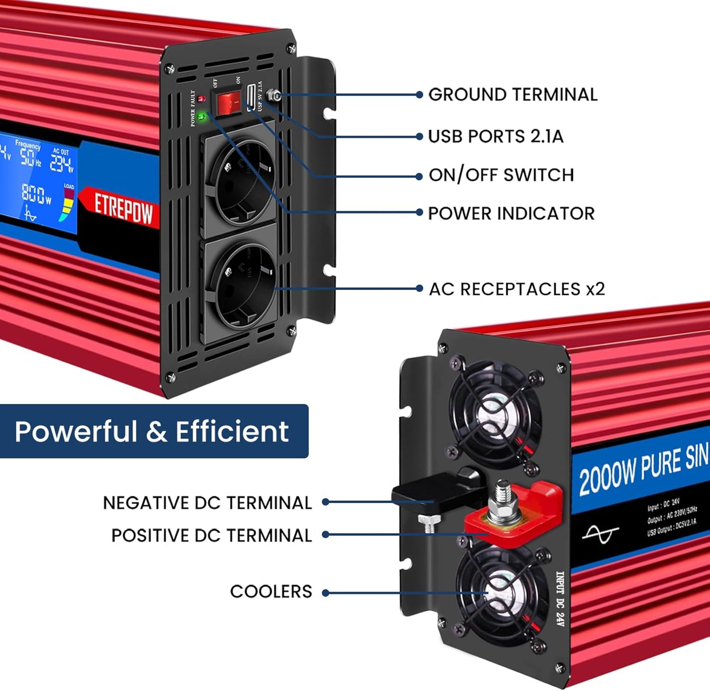 Omvormer 2000W/4000W 24V naar 230V Pure Sinus Volt ETREPOW Auto spanningsomvormer Omvormer Converter Pure Sine Wave Power Inverter DC AC omvormer (Draadloze afstandsbediening, display)