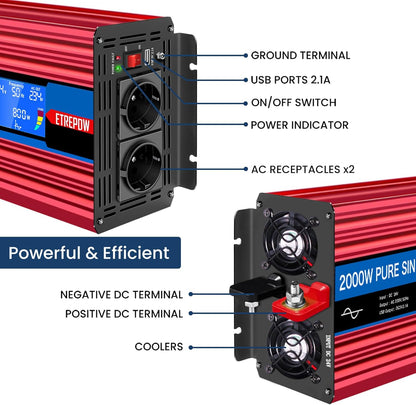 Omvormer 2000W/4000W 24V naar 230V Pure Sinus Volt ETREPOW Auto spanningsomvormer Omvormer Converter Pure Sine Wave Power Inverter DC AC omvormer (Draadloze afstandsbediening, display)