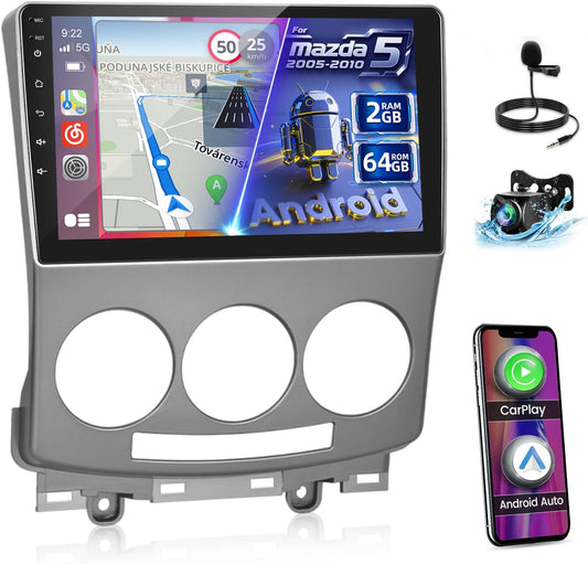 2G+64G Android Car Stereo for Mazda 5 2005-2010 with Wireless Carplay & Android Auto, 9 inch Touch Screen Car Radio with WiFi, GPS Navigation, Bluetooth, FM RDS