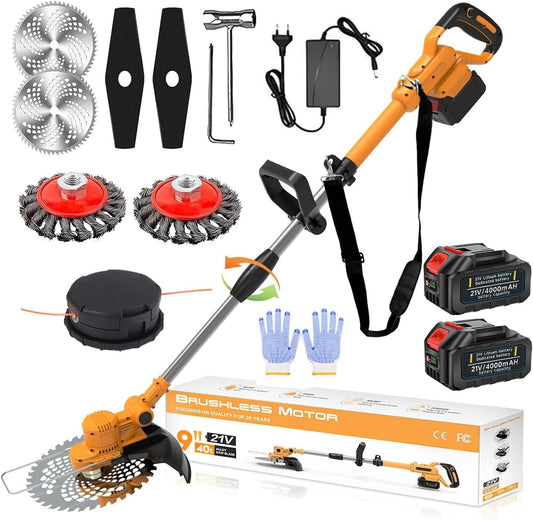 Draadloze grastrimmer met accu 21 V borstelloze bosmaaier met 2 accu's 4,0 Ah en onkruidborstel, 4-in-1 telescopische elektrische bosmaaier, draadloos, oranje